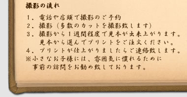 撮影の流れ：撮影から１週間ほどで見本が仕上がりますので、店頭で確認して頂き、プリントの注文をお願い致します。