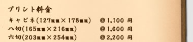 プリント料金：キャビネ(127mm×178mm)は１枚1100円、八切(165mm×216mm)は１枚1600円、六切(203mm×254mm)は１枚2200円