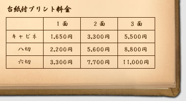 台紙つきプリント料金：キャビネサイズは１面1650円、２面3300円、３面5000円。八切サイズは１面2100円、２面5600円、３面8400円。六切サイズは１面3350円、２面7500円、３面11000円。